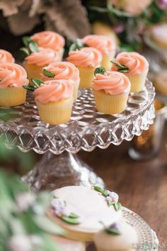 small cupcakes on a glass cake stand with greenery and flowers in the background