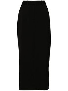 black virgin wool gabardine weave two thigh-high zip-fastening side slits concealed front button, hook and zip fastening belt loops two side inset pockets two rear welt pockets silver-tone logo plaque pencil silhouette straight hem ankle-length Classic Midi-length Evening Bottoms, Classic Midi Length Evening Bottoms, Classic Black Maxi Skirt For Work, Sleek Lined Maxi Skirt For Workwear, Sleek Maxi Skirt With Lining For Work, Sleek Maxi Skirt For Work With Lined Skirt, Chic Formal Skirt With Concealed Fastening, Sleek Relaxed Maxi Skirt For Work, Workwear Midi Skirt With Side Slits