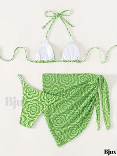 Bjux - Womens Floral Print Bikini Set: 3-Piece Fluid All Over Printed Swimwear Ensemble, featuring Triangle Halter Neck, Tie Back Closure, and Stylish Cover Up Wrap - Ideal for Swimmers and Fashionable Beachgoers Ditsy Floral, Tie Backs, Halter Neck, 3 Piece, Knitted Fabric, Cover Up, Collar Styles, Floral Prints, Knitting