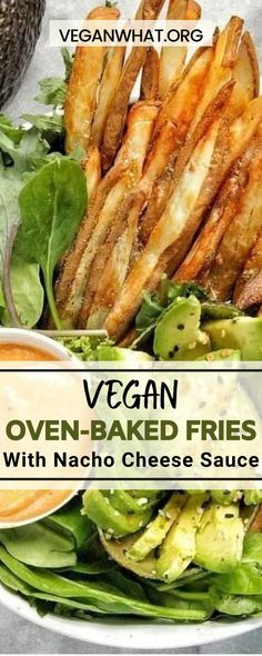 vegan oven baked fries with nacho cheese sauce on the side in a white bowl