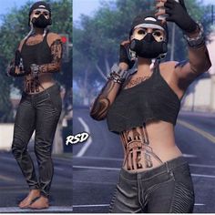 two pictures of a woman with tattoos and piercings on her chest, wearing black leather pants