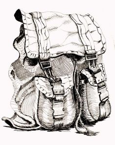 a black and white drawing of a backpack with its straps folded over it's back