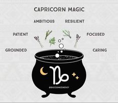 a caulder filled with liquid and labeled in the words capricorn magic