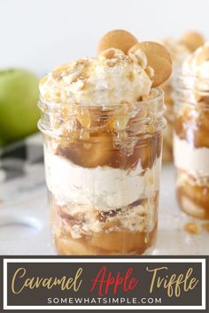 caramel apple trifle in a jar with cookies and whipped cream