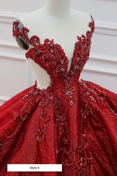 a red ball gown with sequins on it