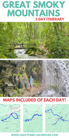 Picture of kids hiking on a tree bridge across a river, man walking behind a waterfall on a hike, 3 maps showing 1 day itineraries. Text reads: Great Smoky Mountains 3 Day Itinerary Maps included of each day. Smokey Mountains Tennessee With Kids, Great Smoky Mountains With Kids, Smokey Mountain National Park, Kentucky Hiking, Usa Road Trips, Bucket List Travel Destinations, Tennessee Waterfalls