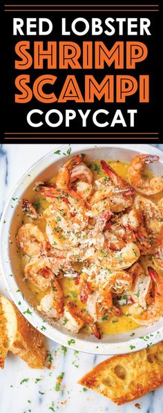 red lobster shrimp scampp copycat recipe in a bowl with bread on the side