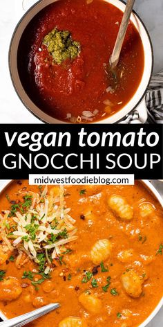 vegan tomato gnocchi soup in a white bowl