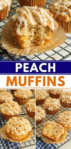 peach muffins with white frosting on top