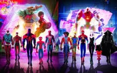 the characters from spider - man into the spiderverse are standing in front of neon lights