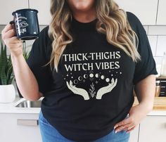 Plus Size Witchy Clothes Thick Thighs Witch Vibes Celestial - Etsy Plus Size Witchy Outfits, Clothes Alt, Witchcore Aesthetic, Witchy Clothes, Plus Size Hippie, Witchy Clothing, Celestial Shirt, Occult Clothing