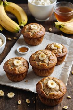 banana nut muffins with butter and bananas on the side