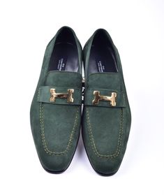 Style: 5760S-Green Elegant Supple Suede slip-on Loafer from the Corrente collection features soft Calfskin lining, Metallic "H" Hardware detail and a clean welt! Matching Belt Available. . Cordovan Shoes, Buckle Loafers, Shoes Green, Formal Loafers, Loafers Style, Shoe Tree, Suede Loafers, Green Suede, Suede Sandals