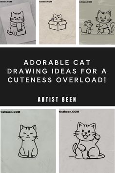 Adorable cat doodles in various poses and settings, including a box and with a mouse. Fun Art Projects For Kids, Fun Art Projects