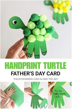 the handprint turtle father's day card is made with green paper and pom poms