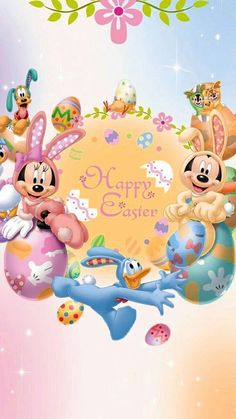 an easter card with mickey mouse and other cartoon characters