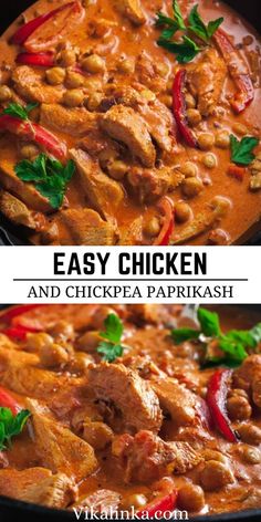 chicken and chickpea paprikash in a skillet with the words easy chicken