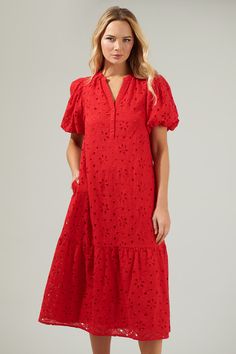 We're ready to say hello to a gorgeous summer in the Villa Nova Eyelet Midi Dress! An eyelet embroidery throughout, shapes this adorable dress that has short puff sleeves and a v neckline followed by buttons. It also has pockets on each side and can be easily worn with sandals and a matching hat! - Eyelet- Bubble sleeves- Pockets- Lining- Comes in 2 colorsSize + Fit - Model is 5'8" and wearing size XS- Measurements taken from size S - Chest: 19 1/2"- Length: 48 1/2" Fabric Self:100% Cotton Linin Eyelet Midi Dress, Midi Dress Outfit, Icon Clothing, Eyelet Embroidery, Matching Hat, Red Midi Dress, Eyelet Dress, Suit Designs, Junior Dresses