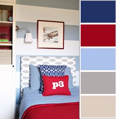 a bedroom with red, white and blue decor