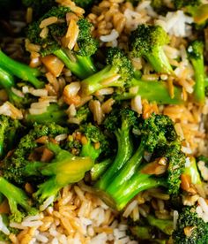 rice and broccoli are mixed together in a dish that is ready to be eaten