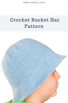 a boy wearing a blue crochet bucket hat Single Crochet Bucket Hat Free Pattern, Crochet Mens Bucket Hat, Crochet Bucket Hat For Men, Free Bucket Hat Crochet Pattern, Crochet Bucket Hats Free Pattern, Crochet Bucket Hat Free Pattern, Hat Crochet Pattern Free, Crochet Bucket Hat Pattern