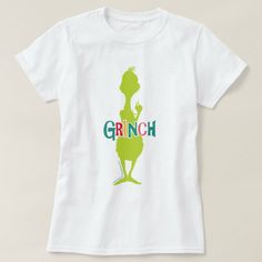 a t - shirt that says grinch on the front and green, white, and blue