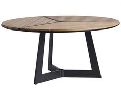 a wooden table with black metal legs and a circular shaped wood table top on an isolated white background