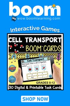 an interactive game called cell transport boom cards with the text boomcards on it and a hand