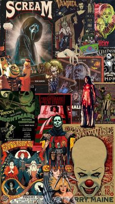 a collage of horror movie posters with creepy clowns and other scary things on them