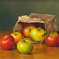 a painting of apples and a bag on a table