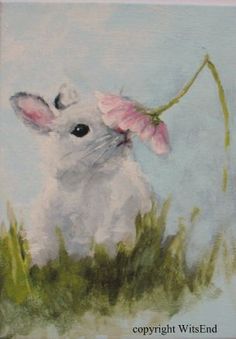 a painting of a white rabbit holding a pink flower