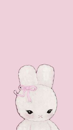 a drawing of a white bunny sitting in front of a pink background