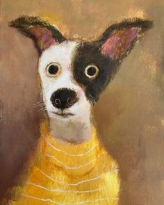 a painting of a dog wearing a yellow sweater and looking at the camera with big eyes