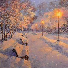 a painting of snow covered park benches and street lamps at night with the light on