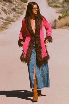 Joplin Jacket 70s Inspired Fall Fashion, Retro Country Outfits, Faux Fur Long Sleeve Outerwear With Feather Trim, Faux Fur Outerwear With Feather Trim And Long Sleeves, Pink Feather Trim Outerwear For Fall, Fall Pink Outerwear With Feather Trim, Chic Fitted Outerwear For Festivals, Chic Fitted Festival Outerwear, Hippie Long Sleeve Winter Outerwear