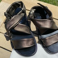 Metallic Gladiator Sandal. Semi-Stretch Upper With Side Snaps. Leather Sole. ***Like New. Never Worn.*** Metallic Sandals With Removable Insole For Summer, Metallic Leather Sandals With Cushioned Footbed, Casual Metallic Sandals For Summer, Casual Metallic Sandals For Spring, Gladiator Sandals, Women's Shoes Sandals, Black And Brown, Shoes Sandals, Like New