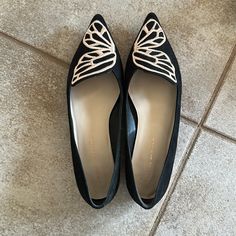 Sole Has Moderate Scuff, But The Condition Of The Shoes Are Great, No Signs Of Wear Otherwise. Size 38, Us Size Equivalent Is Size 7.5. No Longer Has The Original Shoe Garment Bag Or Box. Elegant Black Sneakers With Removable Insole, Black Flats With Ortholite Insole And Almond Toe, Black Flat Court Shoes With Leather Sole, Black Pointed Toe Sneakers With Branded Insole, Black Low-top Heels For Formal Occasions, Black Pointed Toe Flats With Textured Sole, Black Court Shoes With Rubber Sole, Medium Width, Sophia Webster Shoes Butterfly, Black Slip-on Heels With Ortholite Insole