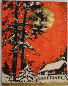 an orange and black painting with trees in the foreground, snow on the ground