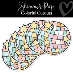 three colorful stickers with stars on them and the words summer pops, colorful cutouts