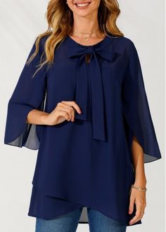 Color:Navy Blue;Size:S;Size:M;Size:L;Size:XL;Size:XXL;Washing Instructions:Hand Wash /Machine Washable;Decoration:Tie;Season:Summer;Color Scheme:Blue;Sleeve's Length:Three Quarters Sleeve;Pattern Type:Solid;Neckline:Tie Neck;Clothing's Length:Long;Occasion:Staycation;Package Contents:1 X Blouse;Composition:100%Polyester;Style:Casual; Bowknot Blouse, Asymmetrical Hem Top, Navy Blue Blouse, Layered Blouse, Plain Blouse, Women Shirts Blouse, Blue Blouse, Blouse Styles, Sleeves Pattern