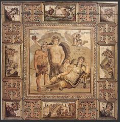 an ancient mosaic depicting the birth of venus and her child, with images of men on it