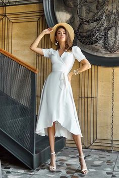 White Midi Wrap Dress, Classy White Dress, Wrap Dresses Summer, Lantern Dress, White Wrap Dress, Wrap Dress Short, Short Sleeve Midi Dress, Midi Wrap Dress, Sleeved Dress