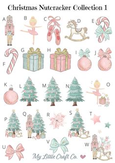 the christmas nutcracker collection is shown in pink, blue and green with presents