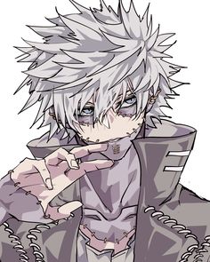 an anime character with white hair wearing a purple outfit and holding his hand up to his mouth