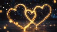 two hearts made out of sparkles on a dark background with lights in the shape of heart