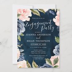 an elegant navy blue and pink floral wedding card with the words, engagement party on it