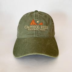 100 % Cotton.  One size fit most with an adjustable buckle strap closure, fitting up to XL size. Crown measures 3 1/2 inches deep. Bill measures 2 3/4 inches long. Adult / Unisex  Thick, Soft, and light material. Hand wash only. Very nice quality-built hats with quality embroidery work. Camping Hat, Mountain Hat, Capitol Reef, Capitol Reef National Park, Travel Hat, Embroidered Cap, Hat Baseball, Embroidered Caps, Embroidery Work