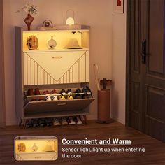 a shelf with several pairs of shoes on it and the words convenient and warm sensor light up when entering the door