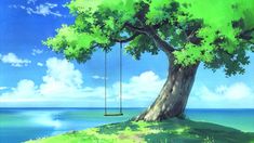 a painting of a tree with a swing hanging from it's trunk near the ocean