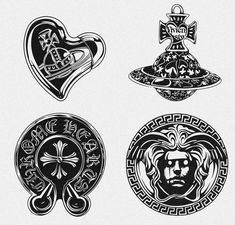 four black and white logos with symbols in the shape of heart, cross, lion head